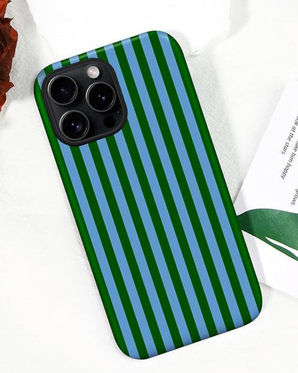 Magnetic for iPhone 15 Pro Case Cute Stripes Phone Case, Shockproof Slim TPU and Hard PC Protective Phone Cover Compatible with MagSafe Designed for Women Girls, Green and Blue