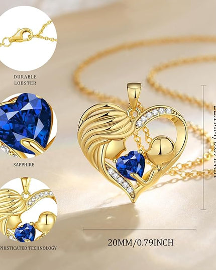 FANCIME Mom Birthstone Necklace Mother and Child Love Heart Necklace I Love You Mom Gifts Mothers Day Birthstone Jewelry Gifts for Grandmother Women Wife, 16"+2" Inches