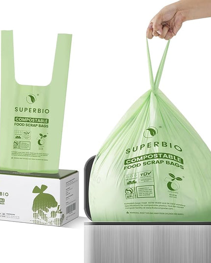 SUPERBIO 13 Gallon Compostable Kitchen Waste Bags with Handles, Food Scrap Bags Certified by BPI, OK compost INDUSTRIAL, 30 Count, 49.2L