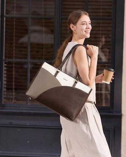 LOVEVOOK Laptop Bag for Women,15.6 Inch Work Teacher Bags Leather Tote Bag for Women Briefcase for Women Waterproof Computer Bag for Women，White Chestnut Curry