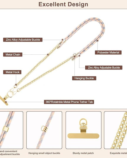 Universal Phone Strap, Metal Cell Phone Chain & Bule Pink Braided Phone Lanyard Combination for iPhone 17, 16 Series and Most Smartphones, Stylish and Durable, Bule Pink