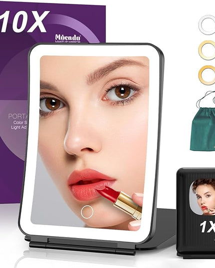 Mocado Travel Makeup Mirror with Light, 1x/10x Magnifying Mirror with Light, 3 Colors Lighted Magnifying Mirror, 2000mAh Rechargeable Lighted Makeup Mirror, Dimmable Touch, Memory Function (Black