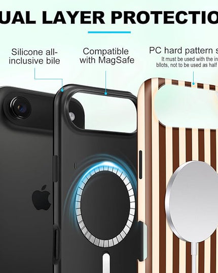 Magnetic for iPhone 17 Air Case Cute Stripes Phone Case, Shockproof Slim TPU and Hard PC Protective Phone Cover Compatible with MagSafe Designed for Women Girls, Brown