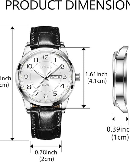 Men Dress Watch Waterproof Leather Watches for Men with Day Date Luxury Large Arabic Numerals Analog Quartz Classic Leather Watch Easy Read relojes para Hombres