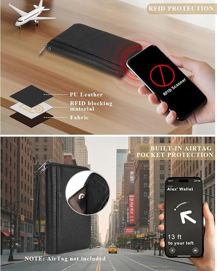 Family Passport Holder Wallet RFID Travel Document Organizer for Women Men, Portable Case Cover for Cards, Boarding Pass with Wrist & Neck Double Strap, Travel Christmas Gifts (Textured Black, 1pack)