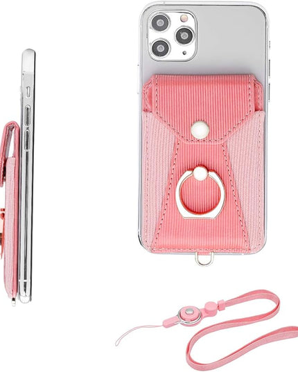 Cell Phone Card Holder,Card Holder for Back of Cell Phone with Ring Grip Stand,Adhesive Stick-on Credit Card Wallet Pocket with Detachable Neck Strap Pink