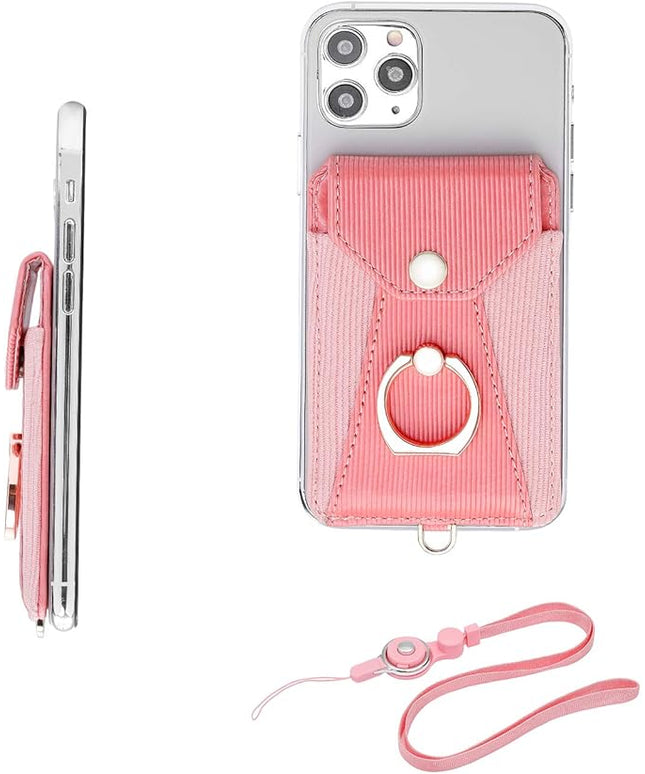 Cell Phone Card Holder,Card Holder for Back of Cell Phone with Ring Grip Stand,Adhesive Stick-on Credit Card Wallet Pocket with Detachable Neck Strap Pink