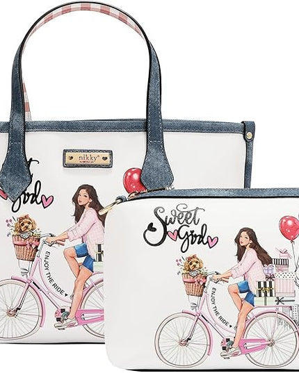 Nicole Lee Nikky Bag Sweet Girl 2 Piece Tote Bag, Two interior open wall accessory pockets at front. Nylon and Eco-Leather, Zipper Closure, Adjustable Strap(SWEET GIRL
