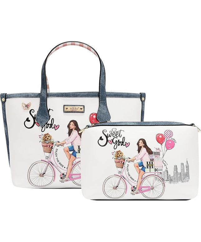 Nicole Lee Nikky Bag Sweet Girl 2 Piece Tote Bag, Two interior open wall accessory pockets at front. Nylon and Eco-Leather, Zipper Closure, Adjustable Strap(SWEET GIRL
