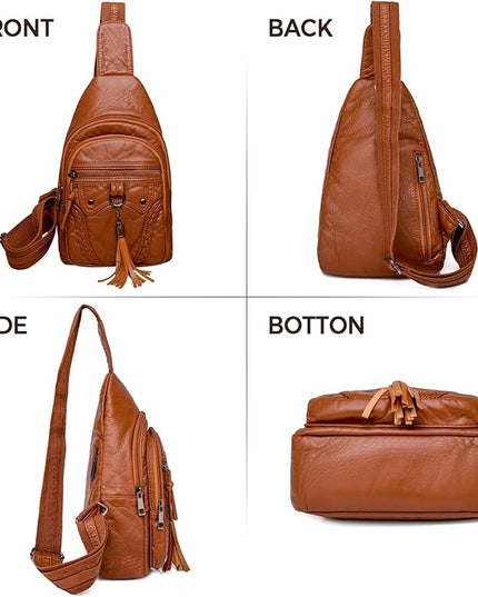 Peicees Leather Sling Bag For Women Waterproof Crossbody Bag Chest Bag Fashionable Small Backpack Purse For Travel Hiking