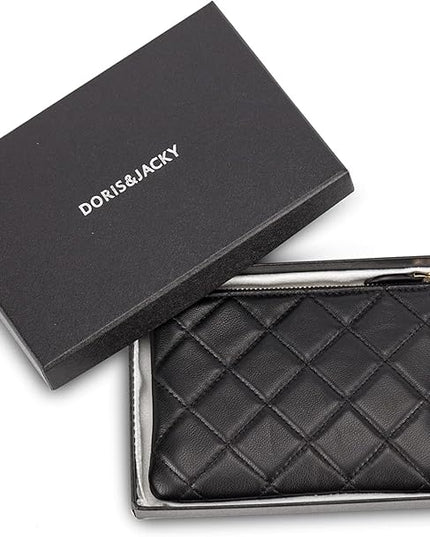 DORIS&JACKY Soft Lambskin Leather Coin Purse Small Quilted RFID Blocking Top Zipper Wallet With Key Chain