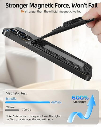 For Magsafe Wallet Stand with Airtag Holder, Strongest Magnetic Wallet for iPhone 17/16/15/14/13/12 Series, ID Window, 4 Card Slots, 10 Cards Holder, Vegan Leather, RFID Blocking, Black Carbon Fiber