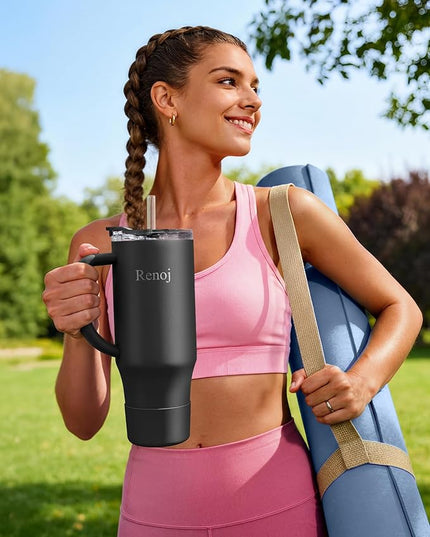 Renoj Tumbler with Handle 100% Leak Proof Insulated Water Bottle for Iced Coffee & Hot Drinks - Fits Car Cup Holder, Ideal Gift, 2 Straws & Silicone Boot BPA-Free - SnapShift Black 32 oz