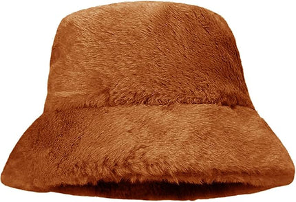 Women Plush Fluffy Bucket Hat Warm Lining Winter Faux Fur Cozy Wide Brim Winter