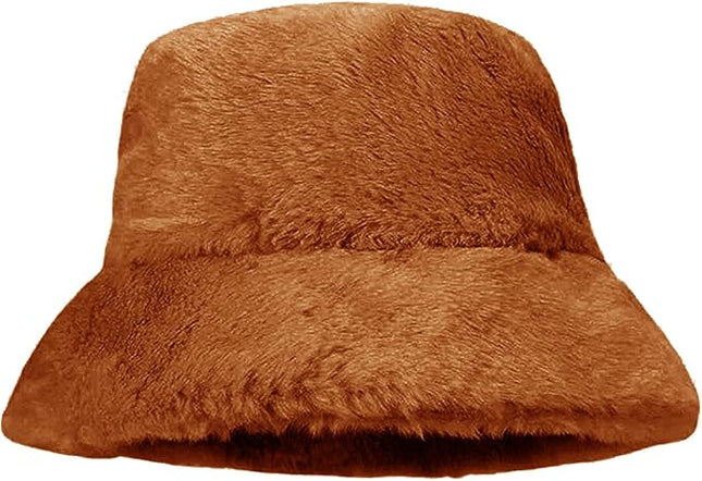 Women Plush Fluffy Bucket Hat Warm Lining Winter Faux Fur Cozy Wide Brim Winter