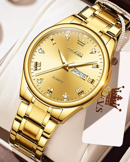 OLEVS Men's Luxury Watch Waterproof Luminous Easy Read Chronograph Watches Full Gold/White Dail/Black Face with Calendar Wristwatch