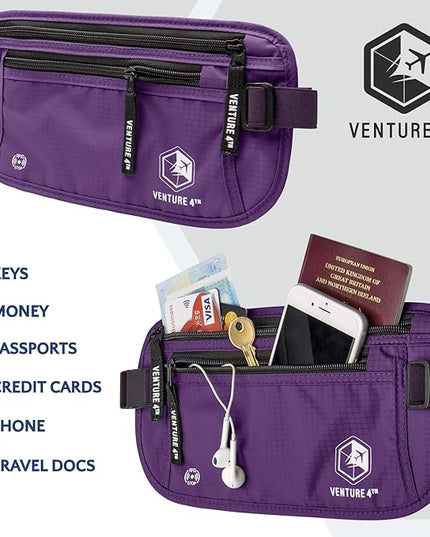 VENTURE 4TH Money Belt for Travel – Hidden Under-Clothes RFID Blocking Passport Holder & Slim Travel Wallet Pouch for Men & Women to Protect Cash, Cards & Documents (Purple)