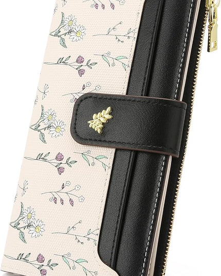 GAEKEAO Womens Wallet Slim Thin RFID Blocking Floral Vegan Leather Card Holder Bifold Long Ladies Wallet with Zipper Pocket