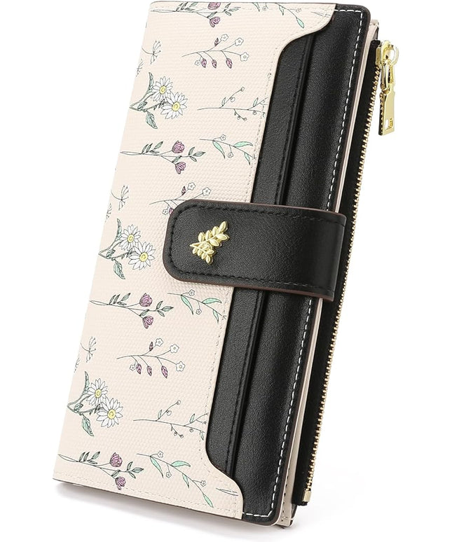 GAEKEAO Womens Wallet Slim Thin RFID Blocking Floral Vegan Leather Card Holder Bifold Long Ladies Wallet with Zipper Pocket