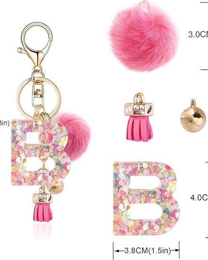 Resin Alphabet Initial Letter Keychain Keyring for Women Purse Handbags With Fur Ball Pom