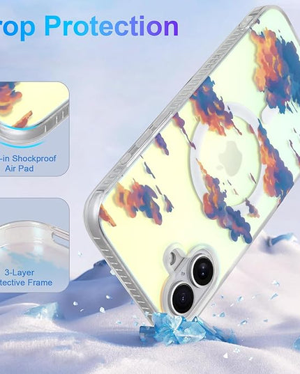 Cute Case for iPhone 16 Plus Case for Women Girls [ Compatible with Magsafe ] Aesthetic Cloud Pattern Design, Girly Glitter Sparkly Bling Protective Phone Cover, Iridescent Sun Set Sky