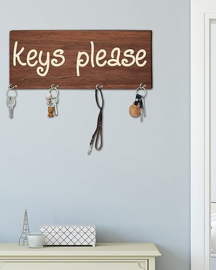 MBYHP Wooden Key Holder with 4 Hooks - Keys Please Decorative Key Organizer for Wall - Home Office Kitchen Hallway Entryway Wall Decor for Keys, Dog Leash Hanging - A04
