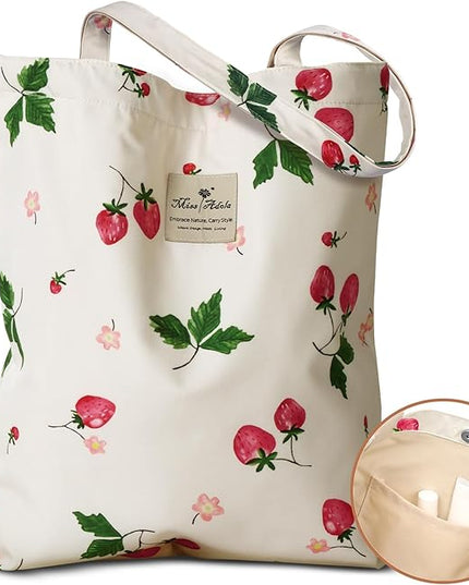 Aesthetic Cotton Tote Bag for Women - Reusable Shoulder Bag with Buckle Fabric Bag for Gym, Travel, Work