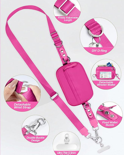Clip and Go Strap for Phone with Wallet Crossbody Phone Lanyard Adjustable and Detachable RFID Wristlet Wallet with ID Window and Zipper, Hot Pink