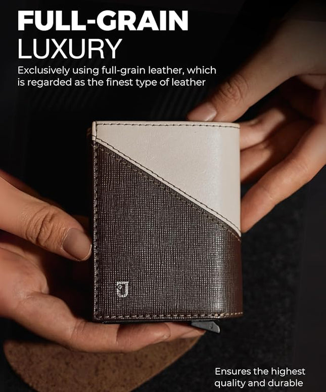 Jenoss Smart Wallet For Men: Full Grain Leather, Handcrafted, Slide Metal Pop Up Case, Slim RFID Blocking Credit Card Holder, Compact 12 Cards Slot Organizers, ID, Money Clip (Brown & Cream)