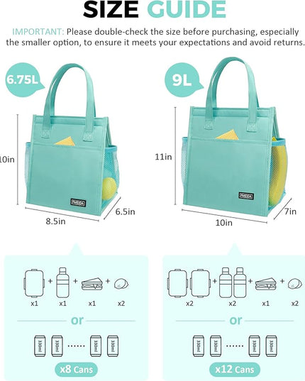 Fmeida Insulated Lunch Bag Women, 9L Large Lunch Bags with Multiple Pockets, Reusable Thermal Cooler Tote for Work, Office, Picnic, Travel | Hook and Loop Closure, Mint Blue