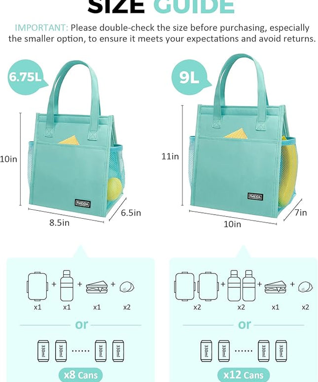 Fmeida Insulated Lunch Bag Women, 9L Large Lunch Bags with Multiple Pockets, Reusable Thermal Cooler Tote for Work, Office, Picnic, Travel | Hook and Loop Closure, Mint Blue