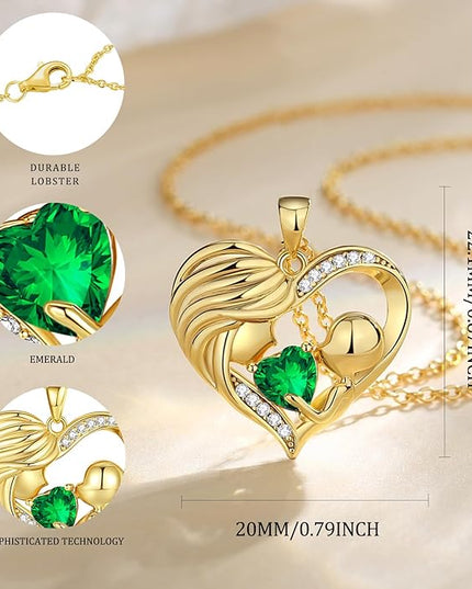 FANCIME Mom Birthstone Necklace Mother and Child Love Heart Necklace I Love You Mom Gifts Mothers Day Birthstone Jewelry Gifts for Grandmother Women Wife, 16"+2" Inches