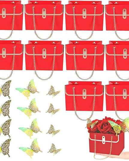 JHXTZ 10 Pack Flower Paper Gift Bags with 12pcs Gold Dazzle 3D Butterfly Decoration, Portable Floral Handbag Box with Metal Chain, Florist Carrier for Valentine's Day Birthday Gifts(Red)
