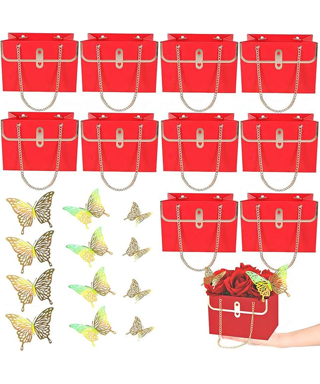 JHXTZ 10 Pack Flower Paper Gift Bags with 12pcs Gold Dazzle 3D Butterfly Decoration, Portable Floral Handbag Box with Metal Chain, Florist Carrier for Valentine's Day Birthday Gifts(Red)