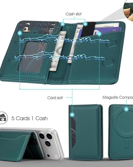 ASAPDOS for MagSafe Wallet,Magnetic Card Holder RFID Blocking Wallet with 5 Card Slots & Cash Pocket for iPhone 17/16/ 15/14/ 13/12/ Pro/Max/Plus/Air Blue Green