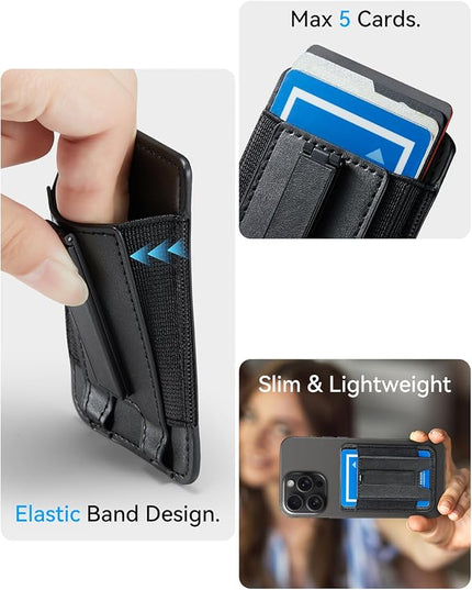 BIAJIYA Phone Wallet Sticky Back with Stand - Holds 6 Cards for iPhone & Samsung, Ultra Thin Leather & Stretch Fabric Card Holder (LiBlack)