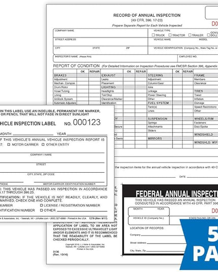 J. J. Keller 50-Pack, Record of Annual Inspection Form with Inspection Label & Prenumbered Vinyl Adhesive Label 2-Ply, 2-Ply Carbonless Form, DOT Compliant