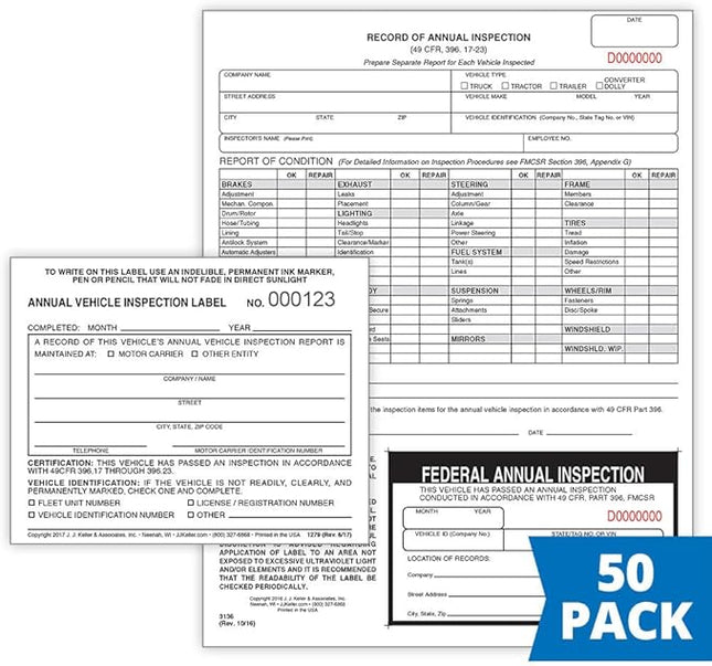 J. J. Keller 50-Pack, Record of Annual Inspection Form with Inspection Label & Prenumbered Vinyl Adhesive Label 2-Ply, 2-Ply Carbonless Form, DOT Compliant
