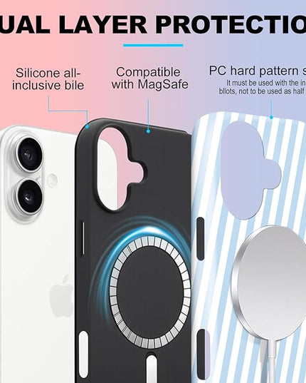 Magnetic for iPhone 17 Case Cute Diagonal Stripes Phone Case, Shockproof Slim TPU and Hard PC Protective Phone Cover Compatible with MagSafe Designed for Women Girls,Blue