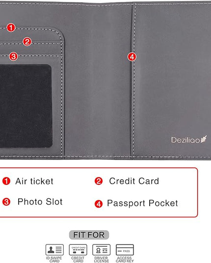 Deziliao Passport Wallet, Gray, Unisex, Faux Leather, Waterproof, Slim, Lightweight, RFID Blocking, 2-in-1 Design, with Document Slots, Credit Card Slots, SIM Card Slots