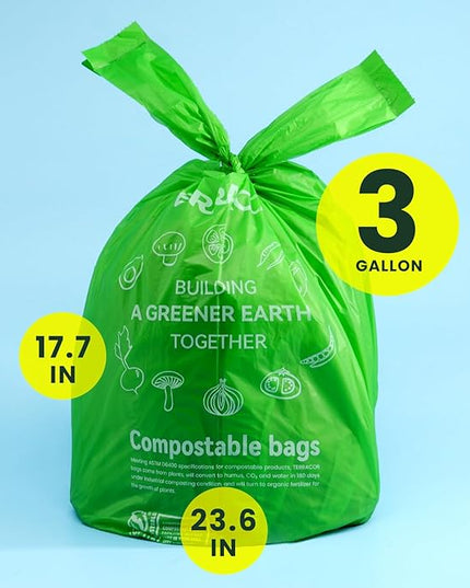 Compost Bags, 3 Gallon Compostable Food Scrap Bags Handle Tie,200 Count (Pack of 2),Certified by BPI and ASTM D6400