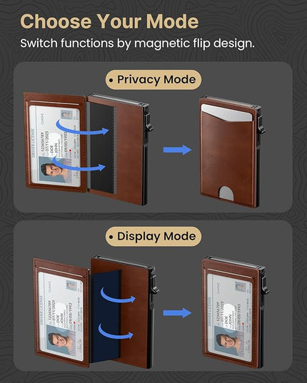 typecase Flip Pop Up Wallet for Men Card Holder: Smart Privacy & lD Display Mode, RFID Blocking, Slim Genuine Leather, Minimalist Front Pocket - 8 Cards Capacity | ID Window | Money Clip (Brown)