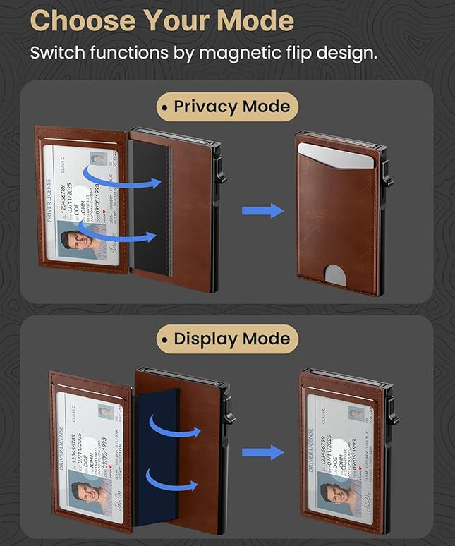 typecase Flip Pop Up Wallet for Men Card Holder: Smart Privacy & lD Display Mode, RFID Blocking, Slim Genuine Leather, Minimalist Front Pocket - 8 Cards Capacity | ID Window | Money Clip (Brown)