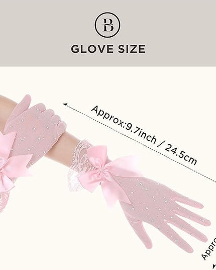 Lace Gloves for Women - Short Bow Rhinestone Tulle Sheer Sparkly Evening Stretchy Gloves for Wedding Opera Party