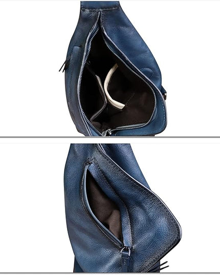 Genuine Leather Sling Bag for Men and Women Vintage Full Grain Leather Sling Purse Chest Daypack Over Shoulder Crossbody Bag (Navy)