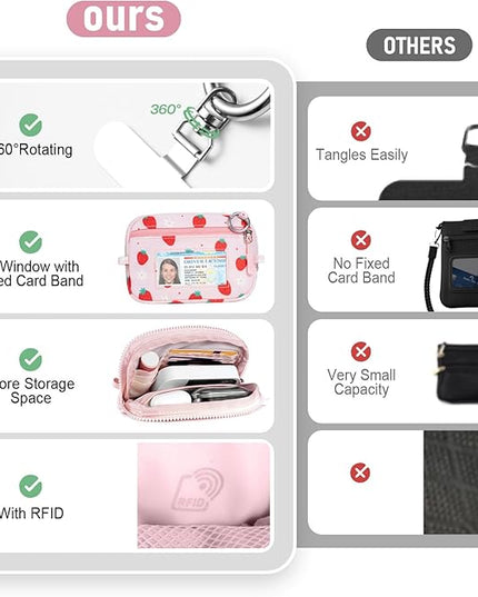 Clip and Go Strap for Phone with Wallet Crossbody Phone Lanyard and Detachable Checkered Bag with ID Window and RFID Pouch for Daily Travel. Strawberry