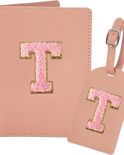 ULICO Initial Passport Cover and Luggage Tag Set,PU Leather Letter Passport Case Holder Travel Suitcase Tag, Personalized Travel Luggage Accessories Gifts for Women Kids Teenage Pink T