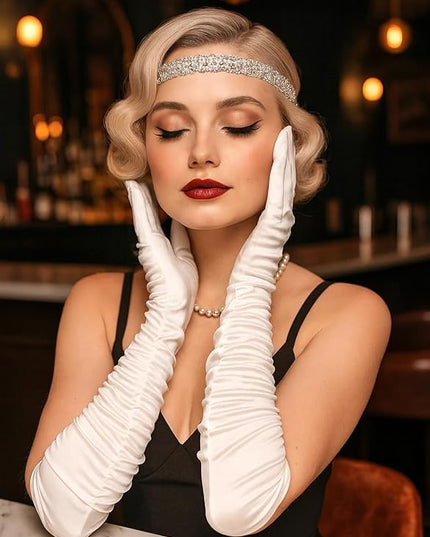 LATTEMARMALATTE Long Satin Shirred Opera Gloves 1920s Elbow Length Accessory for Women’s Weddings, Halloween & Masquerade