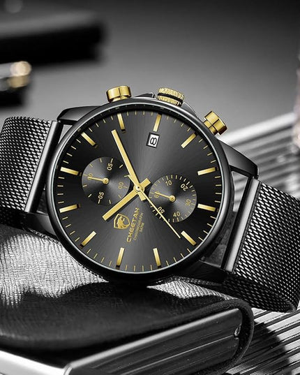 GOLDEN HOUR Mens Watch Fashion Sleek Minimalist Quartz Analog Mesh Stainless Steel Waterproof Chronograph Watches for Men with Auto Date