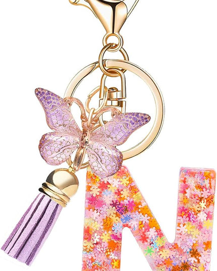 Fashion Alphabet Initial Letter Keychain Tassel Butterfly Pendant Key Ring for Purse Handbags Women Girl